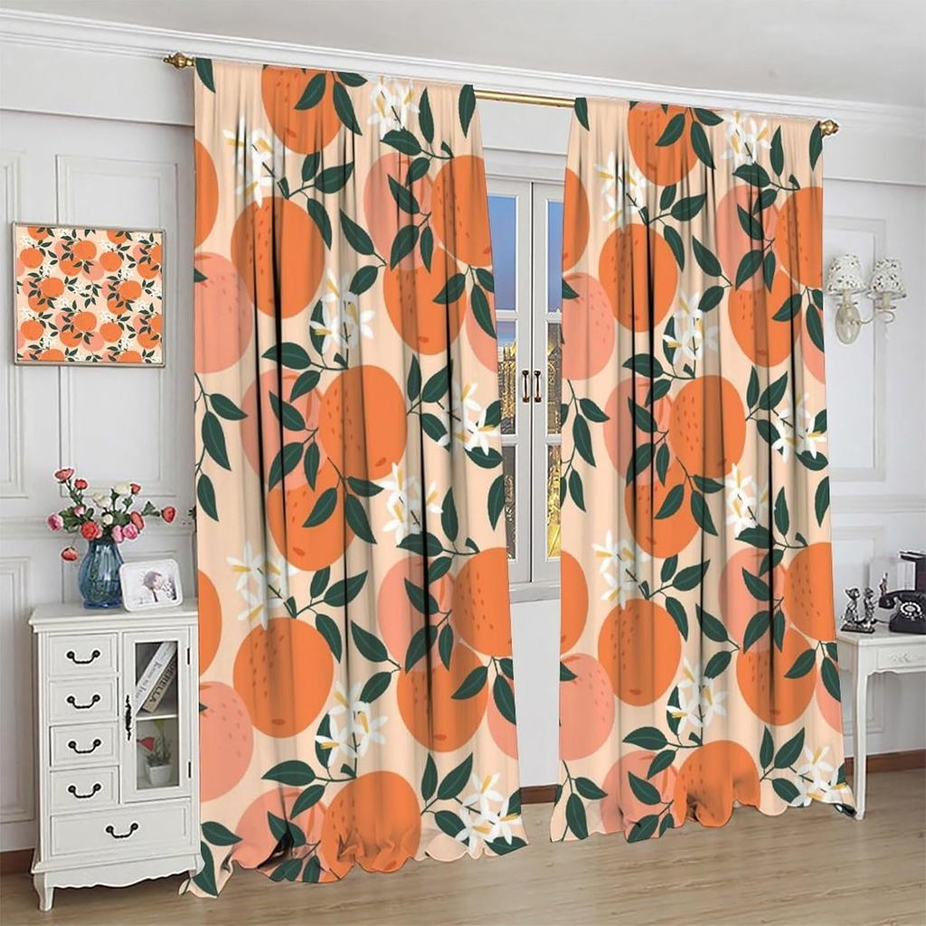 Orange Fruit Curtains,Cute Citrus Green Leaves Floral Summer Pattern Drapes Window 2 Panel Rod Pocket Curtain for Bedroom Living