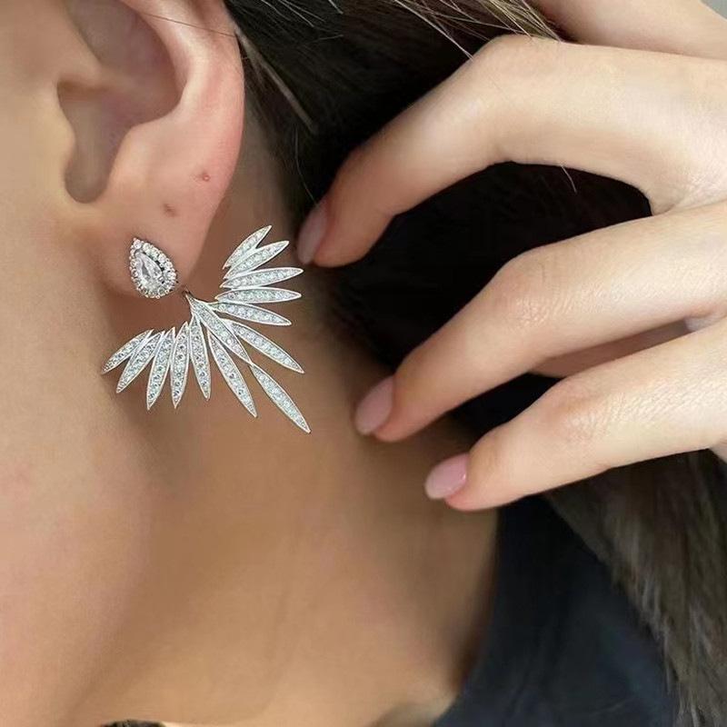 Fashion Shiny Zircon Wing Symmetrical Stud Earrings Exquisite Gold Silver Color Party Jewelry For Women