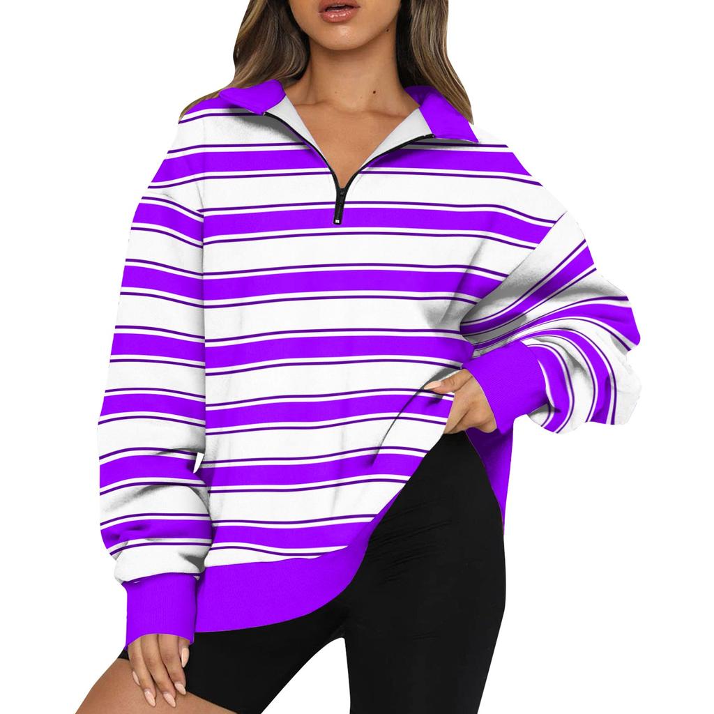 Women's Sweatshirt Fashionable Long Sleeved Striped Printed Half Zip Sweatshirt Top