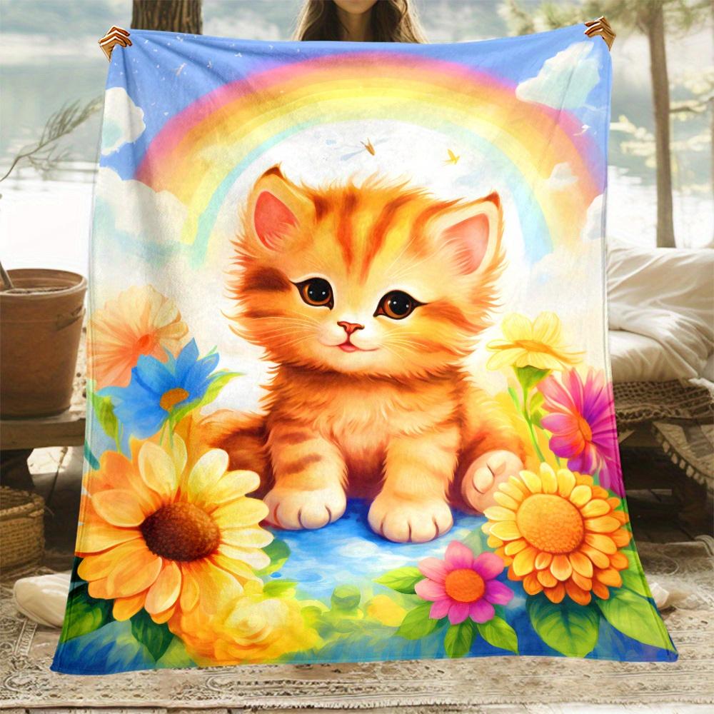 Cute rainbow kitten flower blanket soft flannel blanket baby nursery bedding decorative throw blanket pet lover gift
