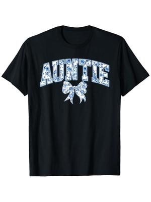 Auntie Coquette Blue Bow Floral Ribbon T-Shirt - 100% Unisex Casual Short Sleeve Round Neck Tee with