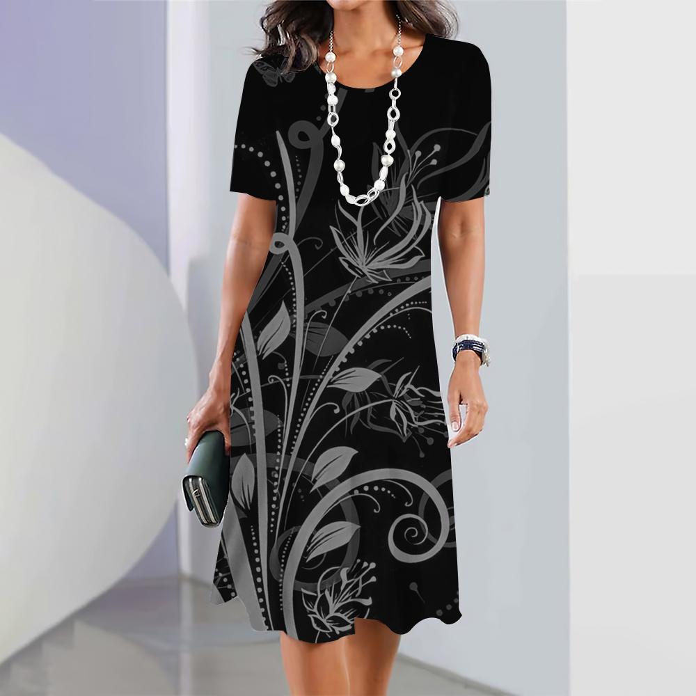 Летние женские платья с 3D-принтом в виде цветов с коротким рукавом, элегантная свободная юбка А-силуэта, модное женское платье большого размера