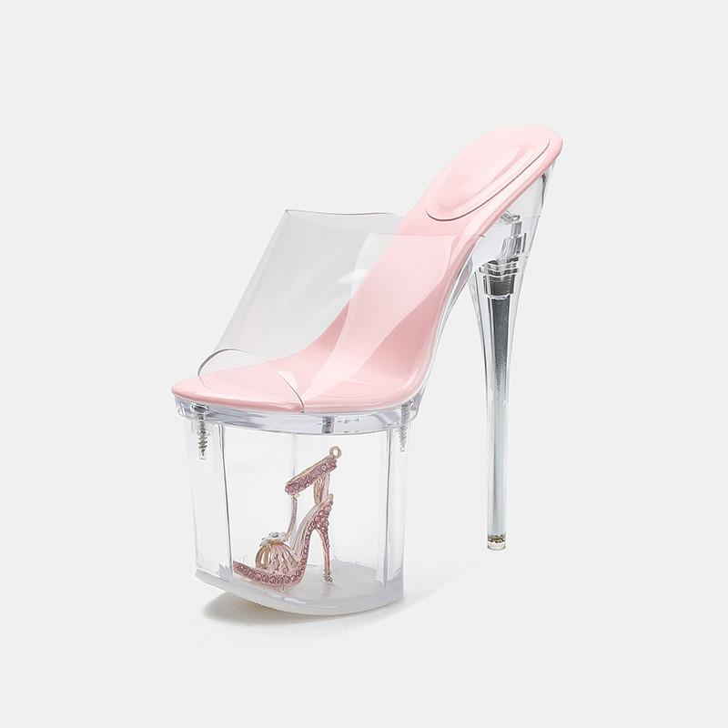 Мода 19см Очень Высокие каблуки Прозрачный ПВХ Женские Тапочки Сандалии Мода Лето Прозрачный Кристалл Платформа Танкетка Мюли Обувь для танца на пилоне