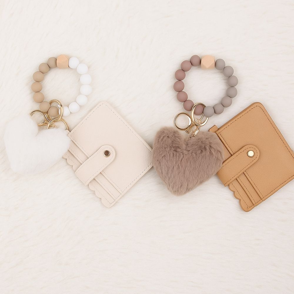 Силиконовый браслет из бусин, кожаный чехол для карт, брелок, однотонный кожаный кошелек с кисточкой, брелок, повседневная одежда