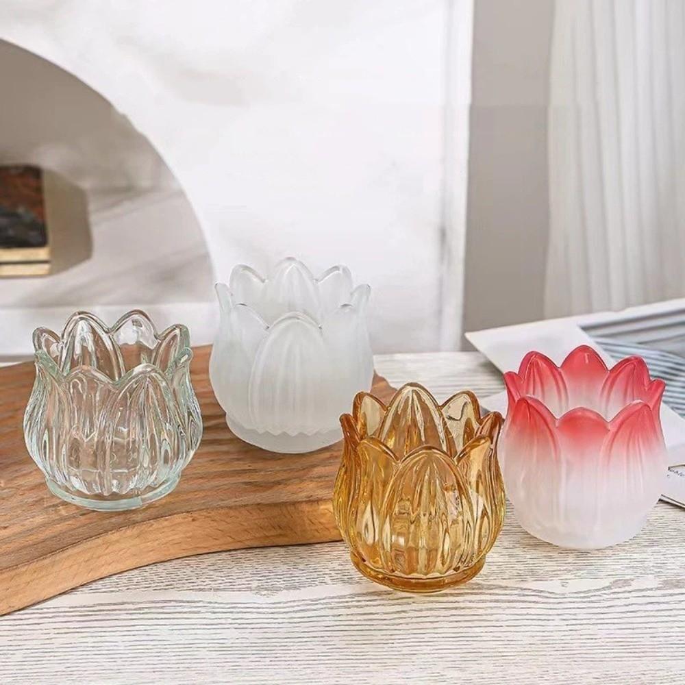 2PCS Elegant Vintage Tulip Shaped Candle Holder Romantic Clear Candle Cup Ornament Mini Candlestick Holder Wedding