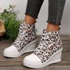 Fashion Sexy Leopard Wedge Heel Lace Up Canvas Shoes Women 2025 Autumn Round Toe Medium Heel Shoes Fashion Thick Bottom Ankle Boots