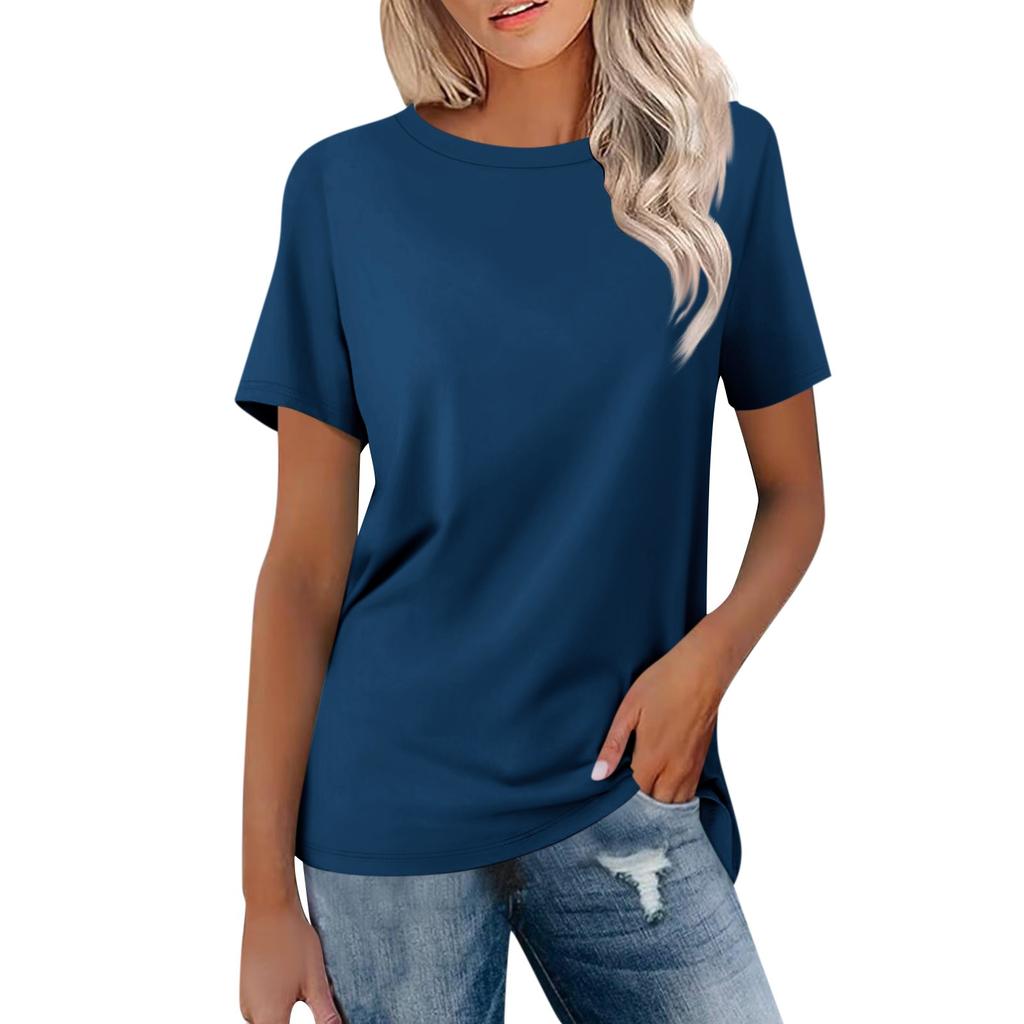 Женская модная повседневная однотонная блузка с круглым вырезом и коротким рукавом
