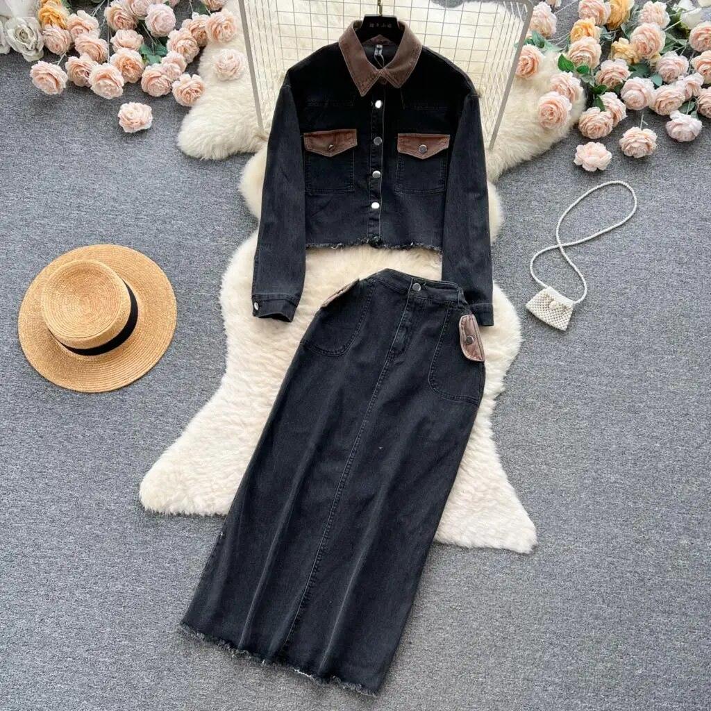 Новая женская джинсовая куртка с лацканами, юбка в полный рост, комплекты из двух предметов, модный женский костюм, джинсовые комплекты