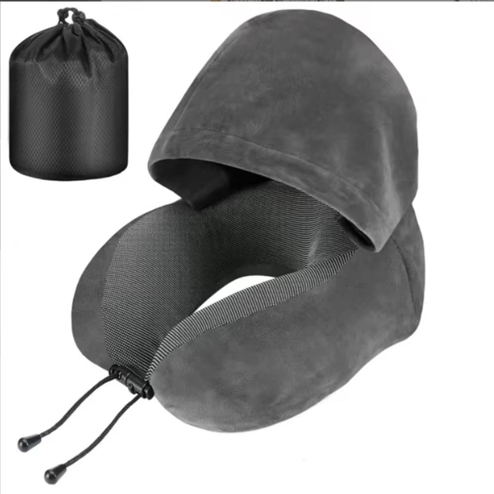 Removable Travel Neck Pillow Adjustable with Storage Bag Hooded Pillow Soft Support Washable Cover U-shaped Pillow with Cap