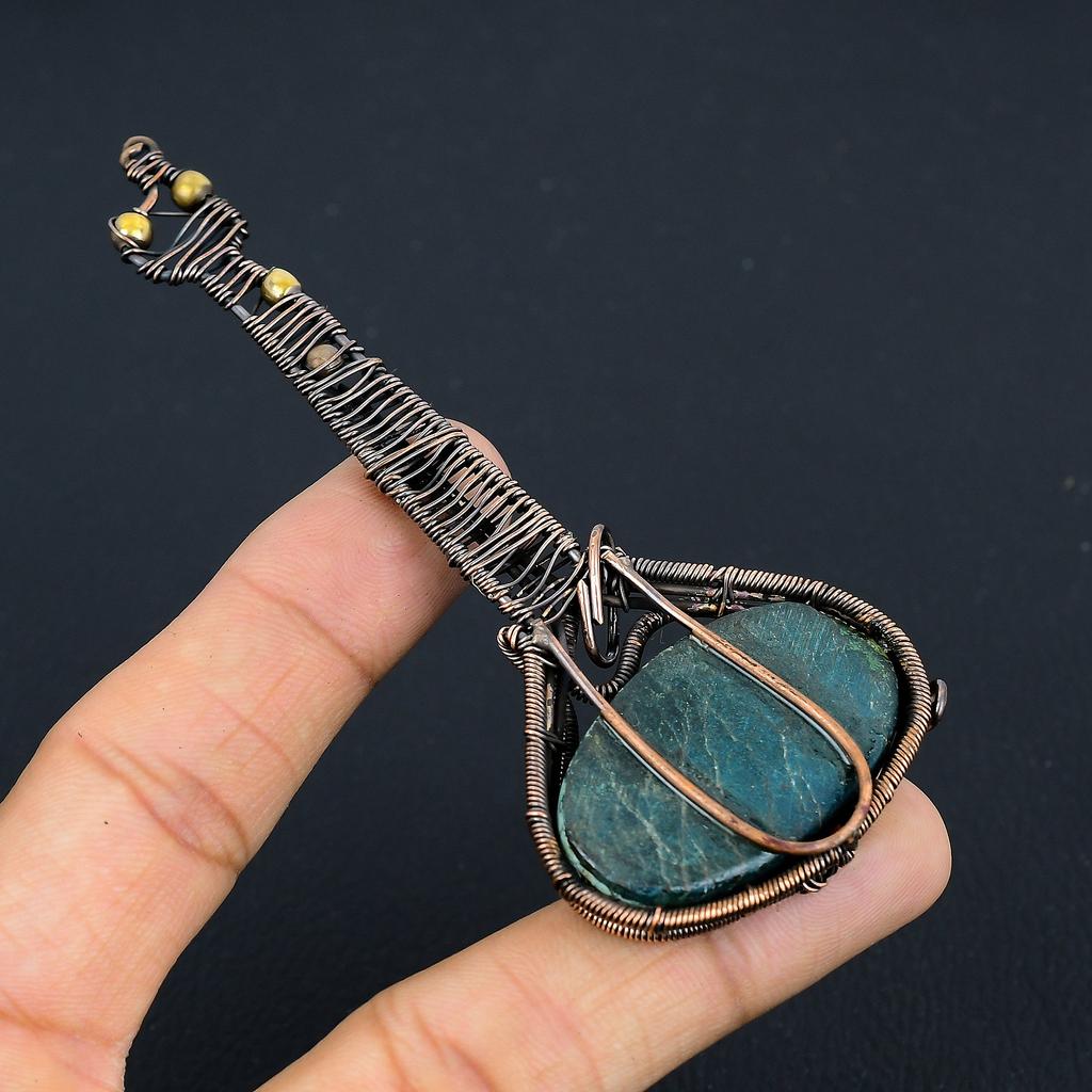 Guitar Tibetan Turquoise Handmade Copper Wire Wrap Pendant 4.33 T4y61