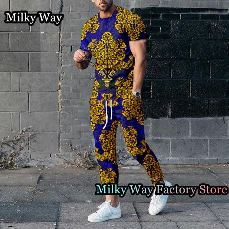 Роскошный мужской спортивный костюм с принтом цепочки, летний комплект из 2 предметов, футболка и брюки, винтажный спортивный костюм, мужская модная одежда, ретро наряд