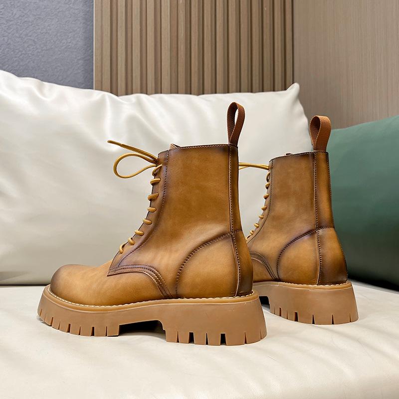 Лето 2024 Новые молодежные сапоги с круглым носком и высоким верхом, кожаные ботинки на платформе и каблуке-бочонке в стиле ретро, армейские ботинки, ковбойские сапоги