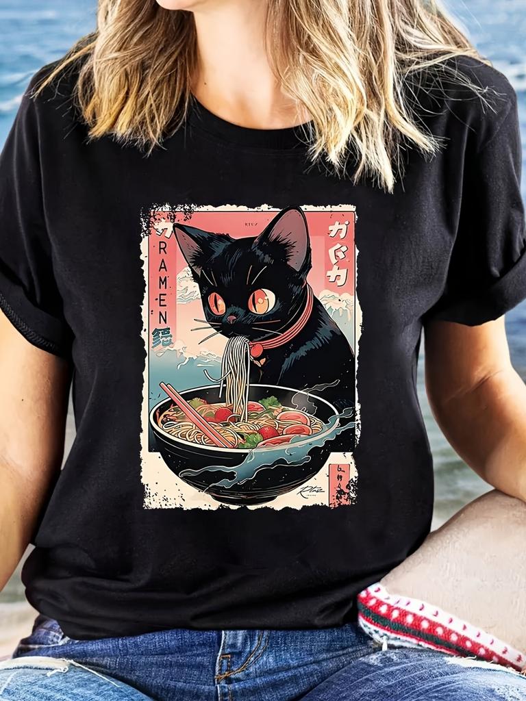 Black Cat Ramen Eating Anime Style T-shirt