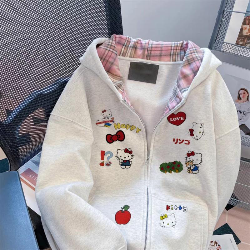 Unisex Hooded Zip-Up Sweatshirt Plaid Long Sleeve Winter Thick Fleece Lined Oversized Streetwear