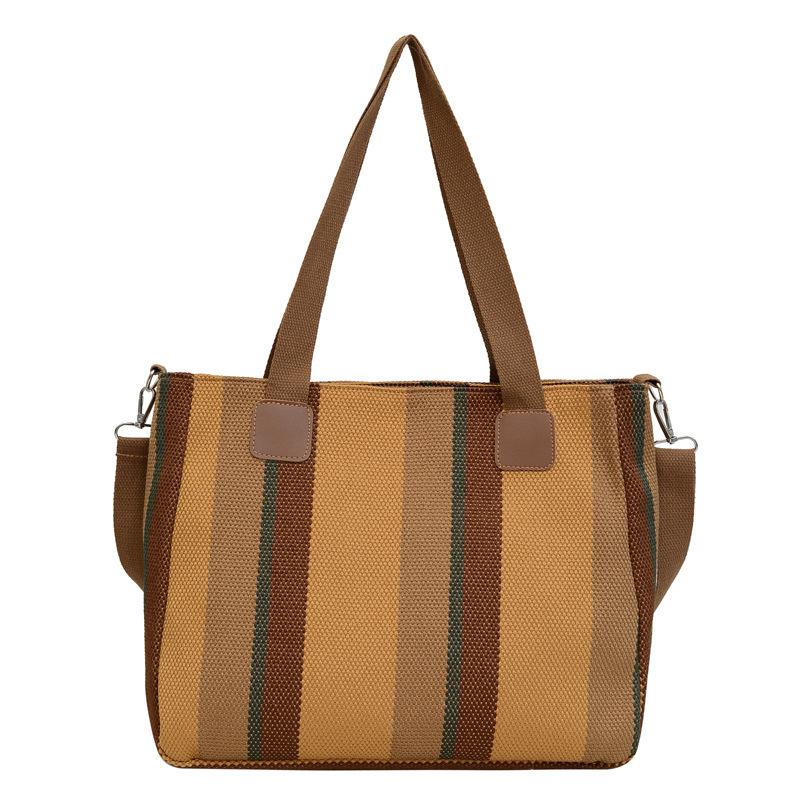 Big Bag Women's New Fashion Striped Canvas Versatile for Commuting Hand-held Tote Bag Trendy Single Shoulder Crossbody Mommy Bag