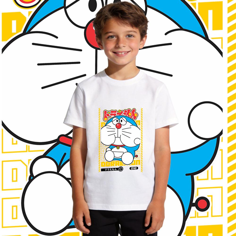 Boys Girls Cotton T Shirt Doraemon Anime Print Casual Summer Top Short Sleeve Kids Clothing Soft Breathable Children Daily Wear