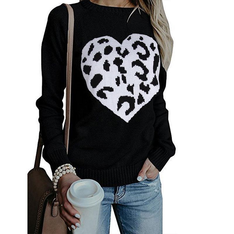 Женский осенне-зимний трикотажный свитер с круглым вырезом и леопардовым принтом Love Sweater