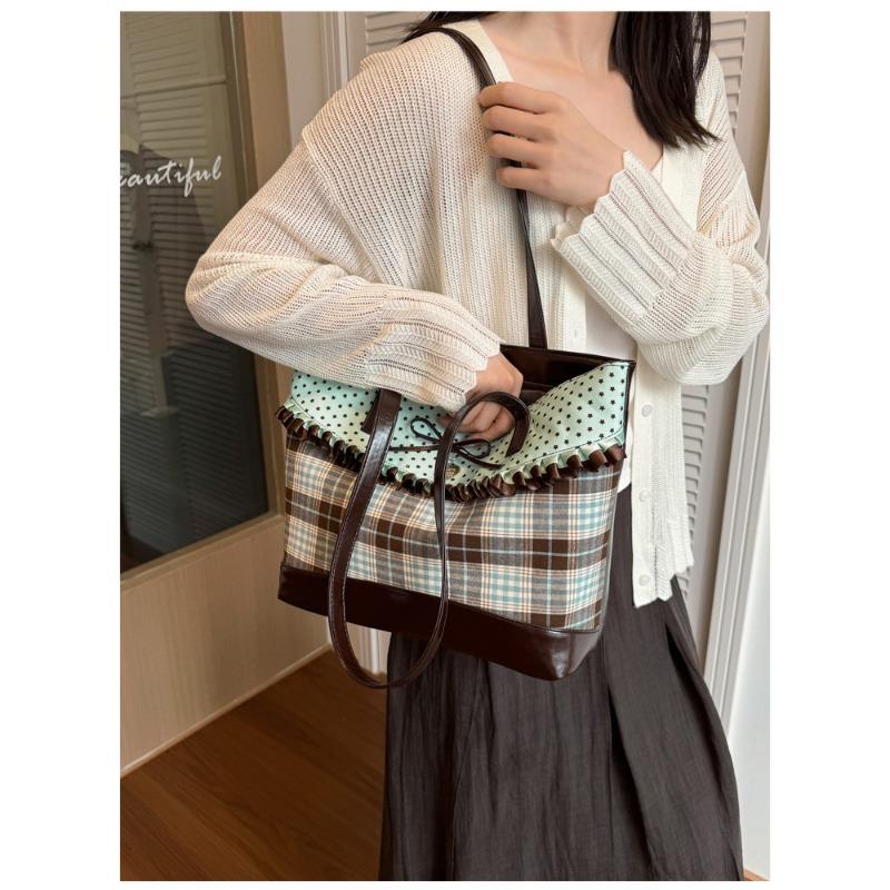 Sweet Bow Plaid Splicing Canvas Casual Single Shoulder Tote Handbag For Women