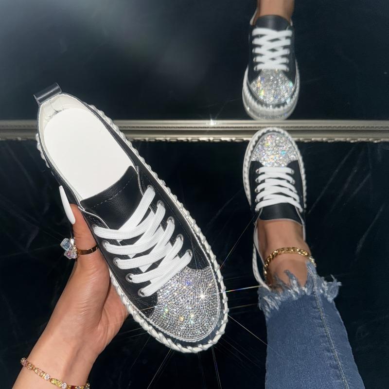Women's Rhinestone Flat Sneakers - Stylish Lace Up Low Top Shoes for Outdoor Activities