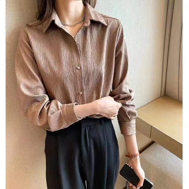 Весна Осень Новая женская однобортная рубашка для поездок на работу Элегантная стильная блузка с воротником-поло в винтажном стиле с длинным рукавом для женщин