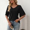 Women's Fashion Solid Color V-Neck Ruffle Sleeve Short Sleeve T-Shirt Top
