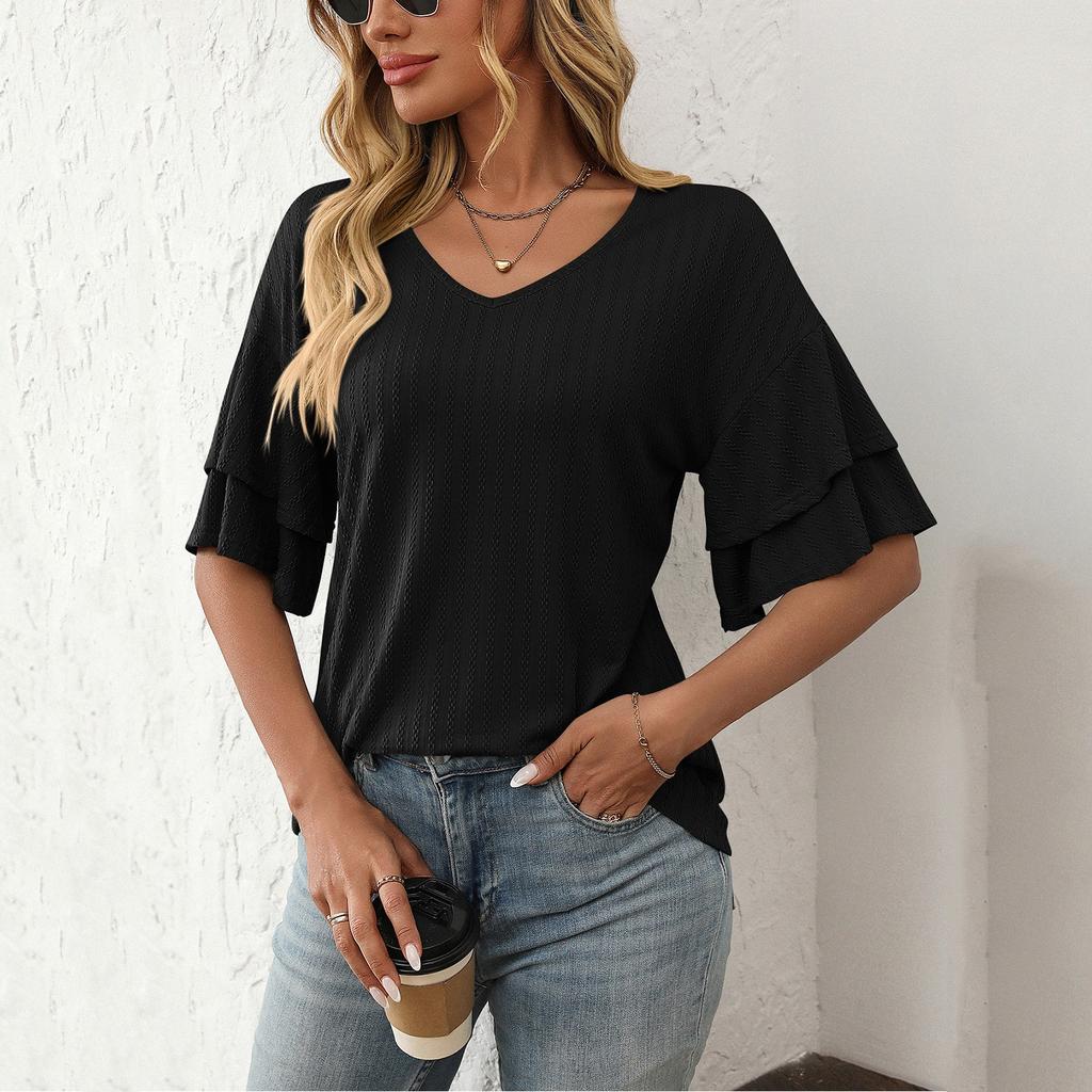 Women's Fashion Solid Color V-Neck Ruffle Sleeve Short Sleeve T-Shirt Top