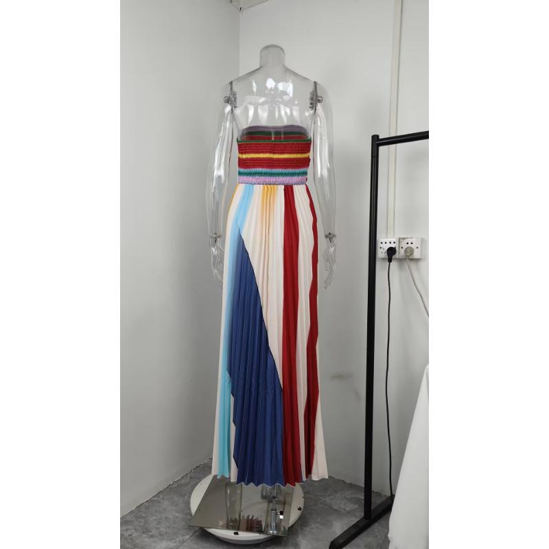 Women's Sexy Strapless Rainbow Striped Maxi Dress Pleated High Waist Floor Length Elegant Evening Gown Formal Wedding Guest Party Dress Spring