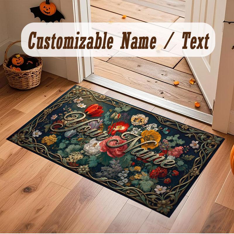 Floral Garden Theme Crystal Velvet Floor Rug Personalized Custom Name Text Warm Carpet Home Decoration