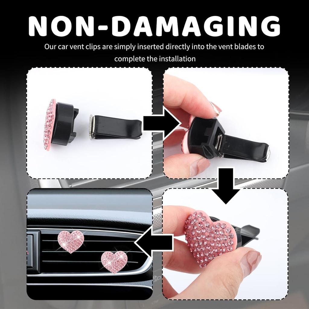 4PCS Heart Car Vent Clips with Rhinestone Design,Personalized Air Vent Clips for Car Decorations,Shiny & Cute Cars Accessories Cars Clip for Vents as