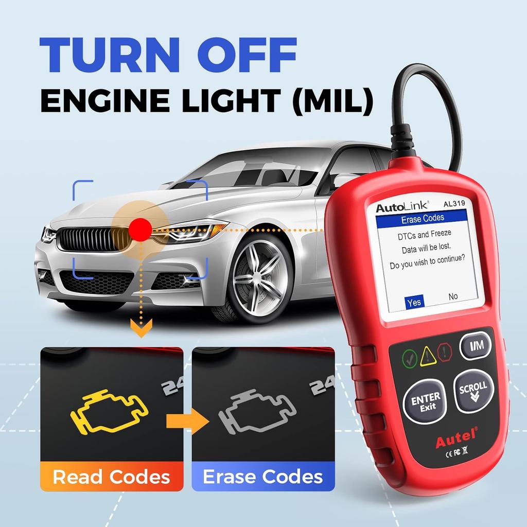 Autel Профессиональный OBD2 сканер AL319 Считыватель кодов, Расширенная проверка и сброс кодов неисправностей двигателя, Данные в реальном времени, Стоп-кадр, CAN Инструменты диагностики автомобиля