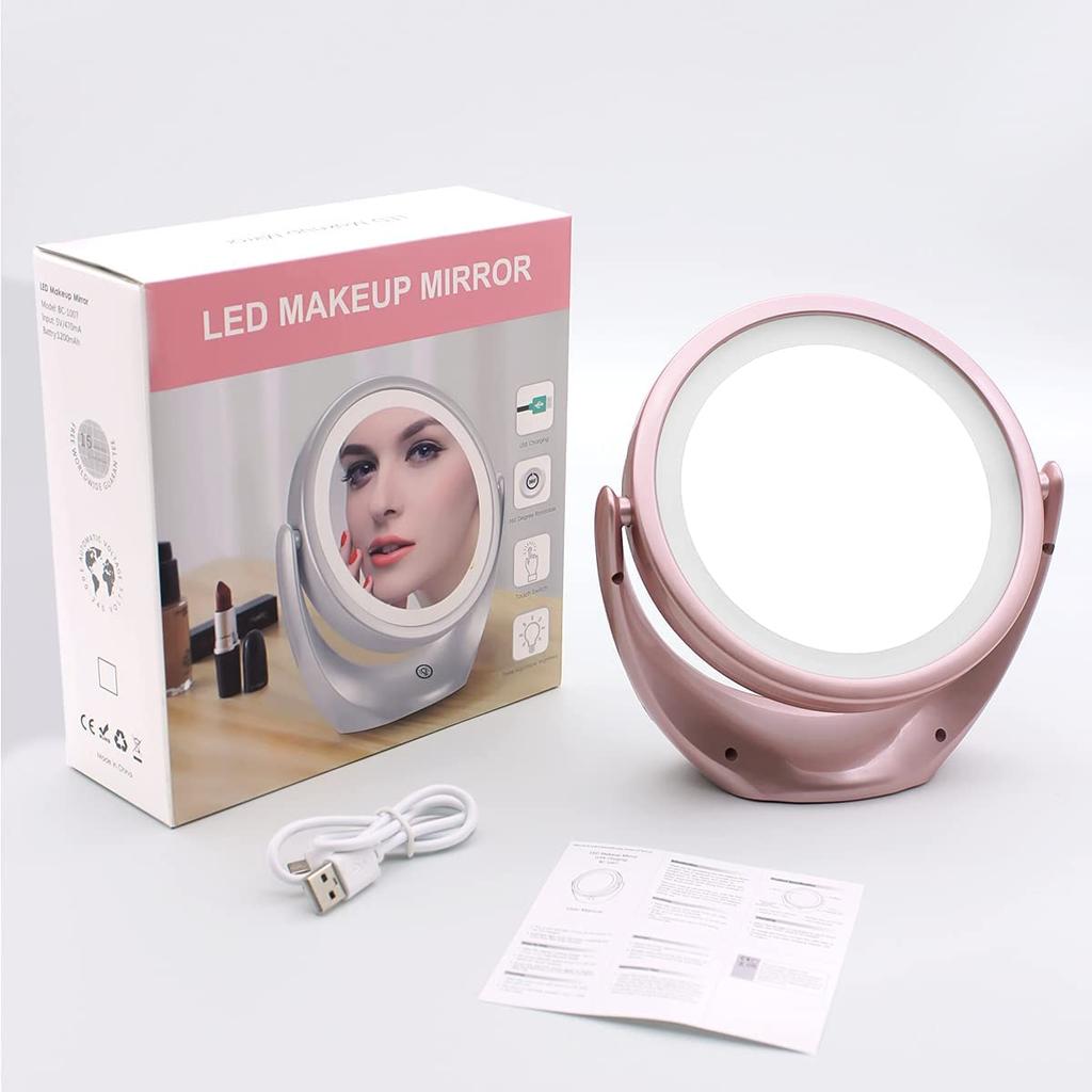 Розовое светодиодное зеркало для макияжа, 5-кратное увеличительное двустороннее портативное дорожное косметическое зеркало с подсветкой, 3 уровня регулируемой яркости