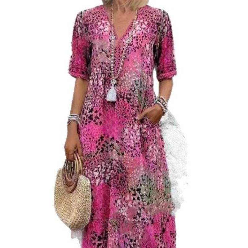 Женские модные платья с коротким рукавом и V-образным вырезом, украшенные кружевом и набивным рисунком