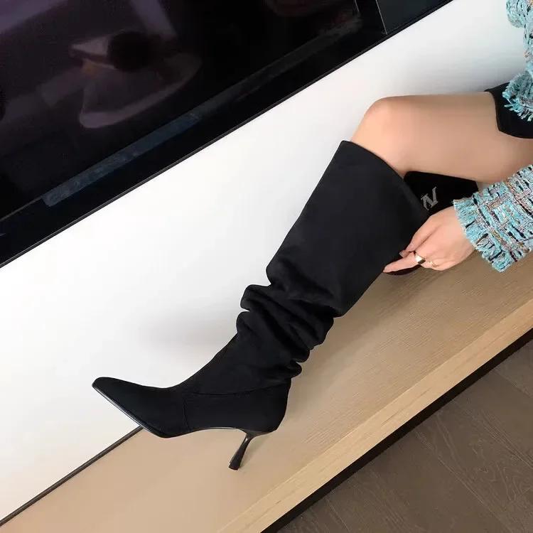 Luxury Women Boots Fashin Pointed Toe Thin High Heels Ankle Boots Autumn Pleated Cowboy Women Knee-High Boots Woman Western Shoe