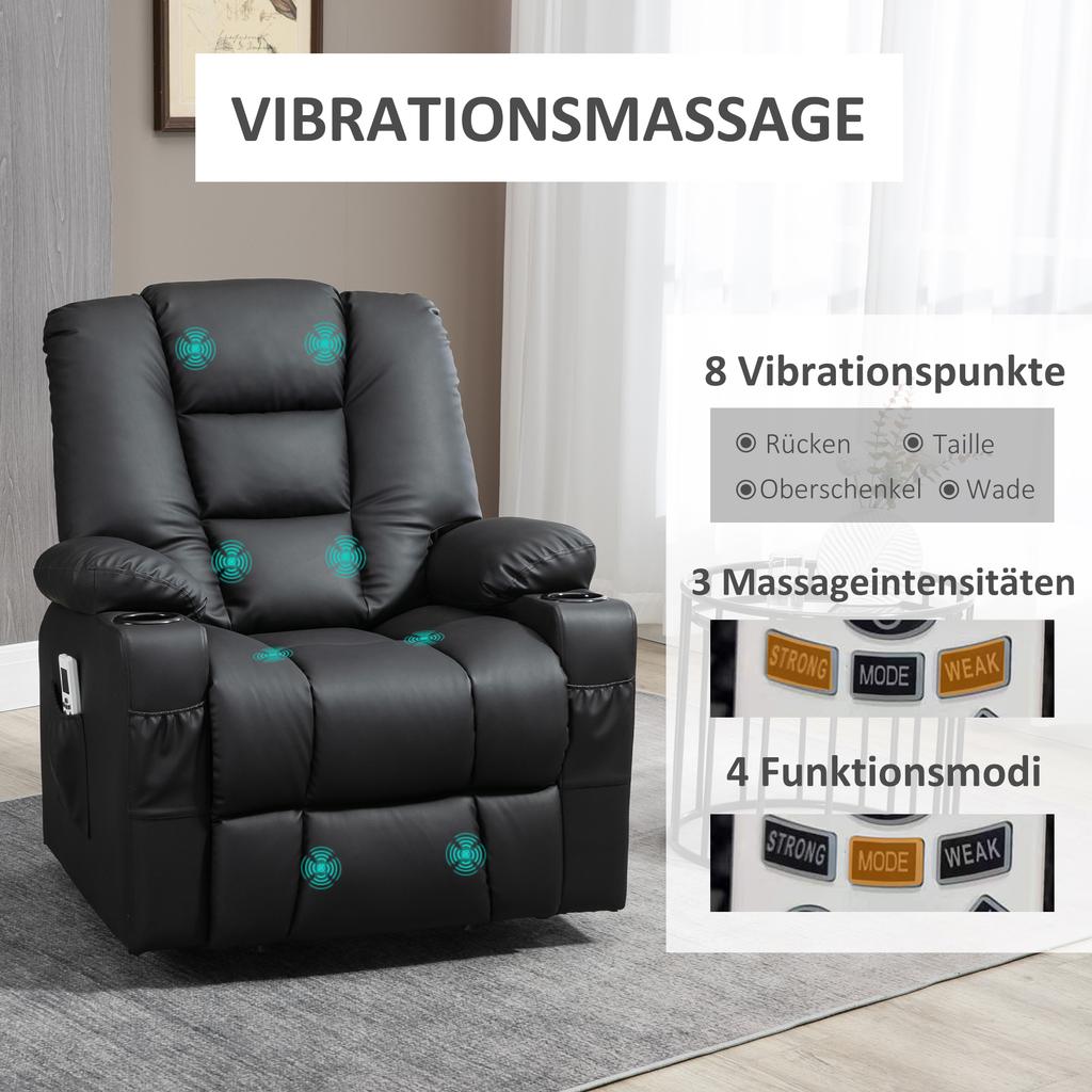 Recliner Chair With Standing Aid USB Massage Function Faux Leather Up To 150 Kg 90x98x102 Cm Black