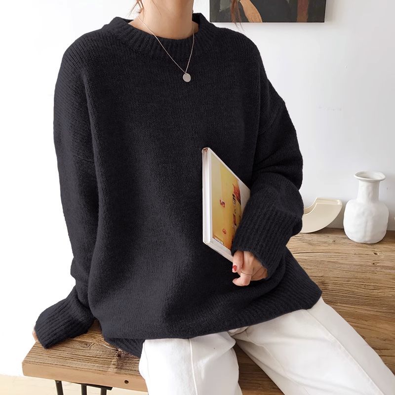 Autumn Winter Simplicity Loose Solid Color Knitwear Women Vintage Office Lady Sweater All-match Casual Knitting Tops