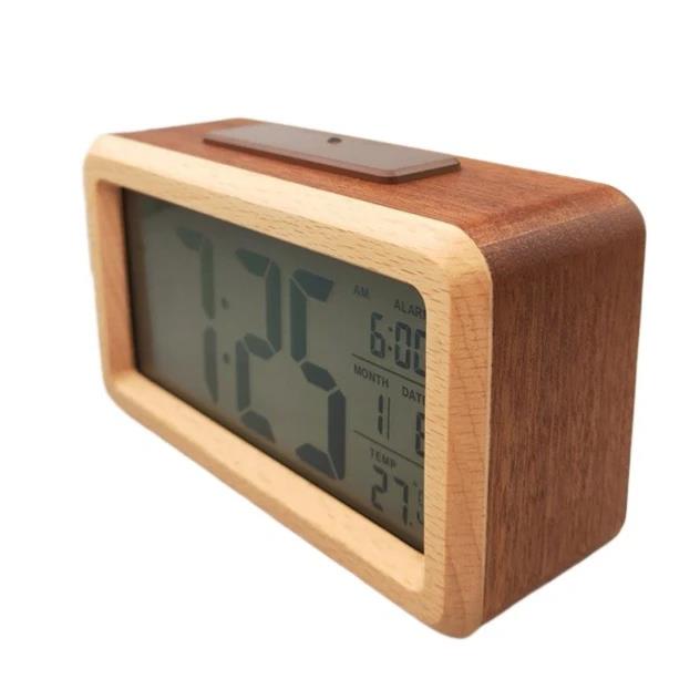 Solid Wood Small Alarm Clock Rectangular Bedside Clock Student Wake-up Electronic Watch Luminous Date Temperature Display2