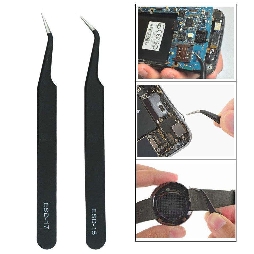 Набор из 6 прецизионных металлических пинцетов: Безопасный для электростатического разряда, острый, изогнутый, подходит для ремонта мобильных устройств, выщипывания волос, пересадки ресниц и бровей, с сумкой для переноски.