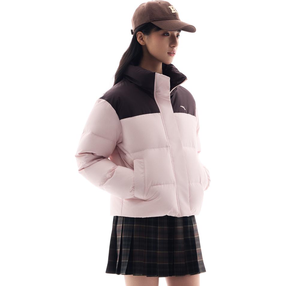 Anta Удобная повседневная теплая куртка-пуховик с цветными блоками и воротником-стойкой на молнии, женская верхняя одежда, цвет черный-коричневый, зима-розовый 962447907-3