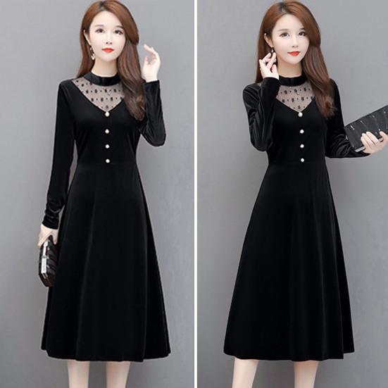 Офисное женское элегантное бархатное платье с круглым вырезом, ажурное сетчатое платье трапециевидной формы с длинными рукавами, декором на пуговицах, свободное платье миди с подолом