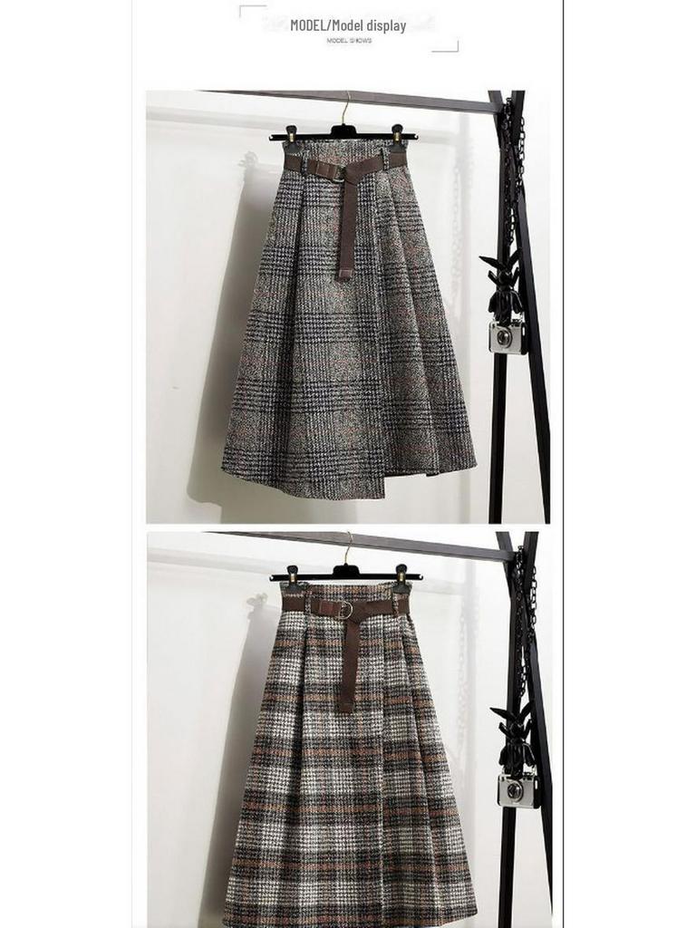 Женская ретро-юбка из шерстяной ткани с высокой талией в клетку: Slim Fit для осени/зимы 2024 г.