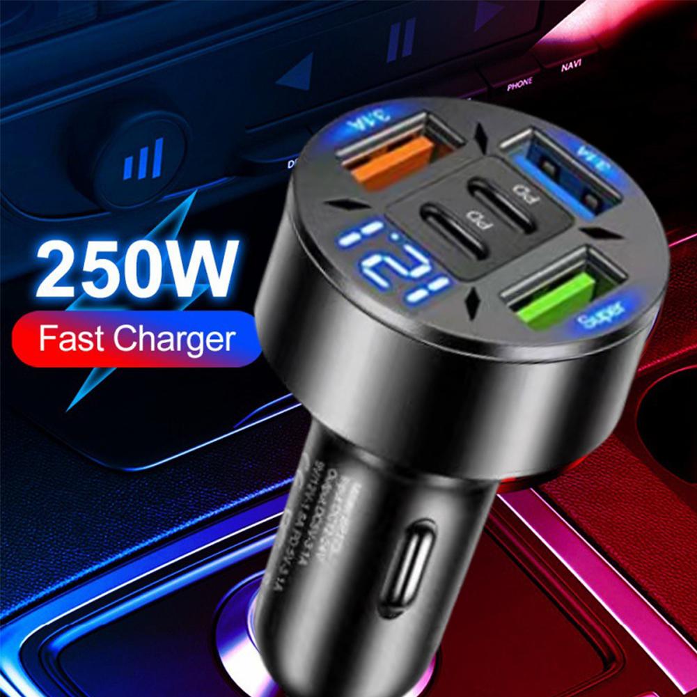 One-to-four 5 Ports 250WCar Charger Fast Charging PD QC3.0 USB C Car Phone Charger Adapter With Voltage For iPhone