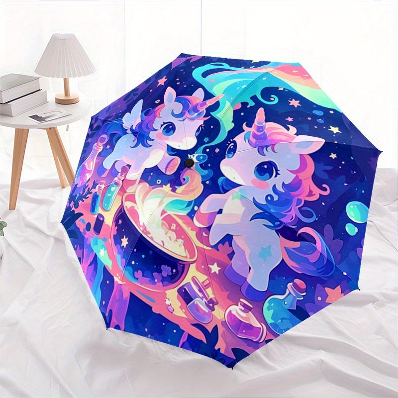 1pc Magic Potion Two Unicorns Cartoon Umbrella, Portable 3-Fold Compact Umbrella, Suitable for Camping, Hiking and Travel, Ideal Easter Birthday