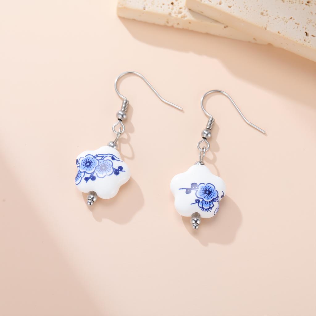 COOLTIME Серьги с цветком сливы в китайском винтажном стиле, сине-белый фарфор, трендовые серьги с пятью лепестками для женщин