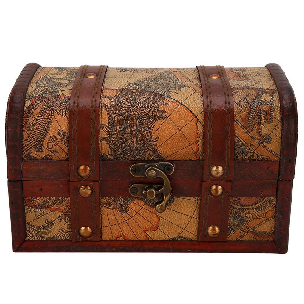 Vintage Wood Box Jewelry Storage Case Handmade Treasure Chest (Map)