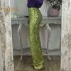 Women Sequins Long Pants High Waist Slim Fit Shining Trousers Solid Color Elastic Flared Pants Streetwear