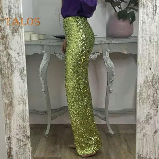 Women Sequins Long Pants High Waist Slim Fit Shining Trousers Solid Color Elastic Flared Pants Streetwear