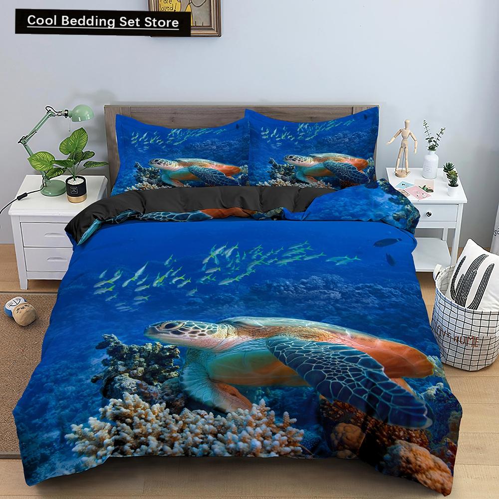 Sea Turtle Duvet Cover Set Pillow Cases Ocean Animal Turtle Bedding Set Queen Twin Kids Home Textiles Map Coral Quilt Cover King