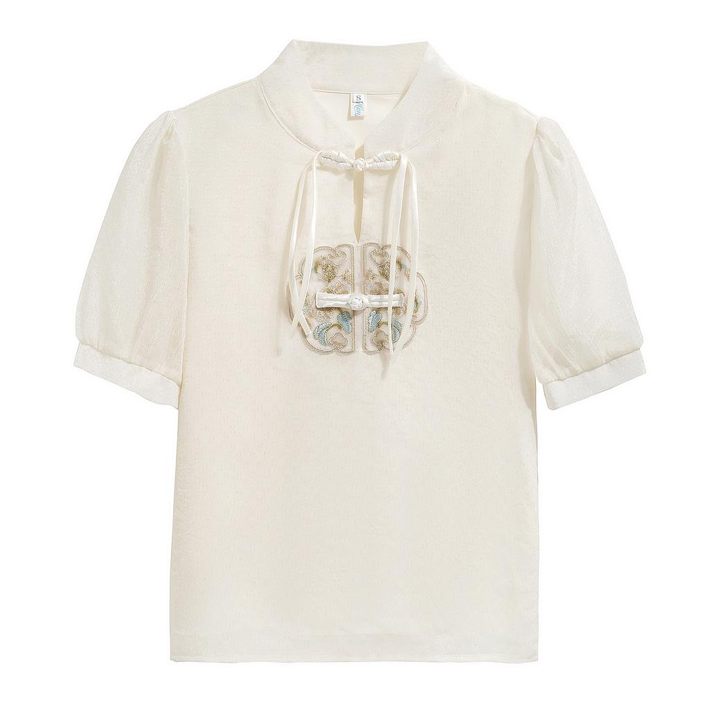 Модная новинка, летняя шифоновая блузка в китайском стиле с коротким рукавом и воротником-стойкой, с вышивкой, женская рубашка J384