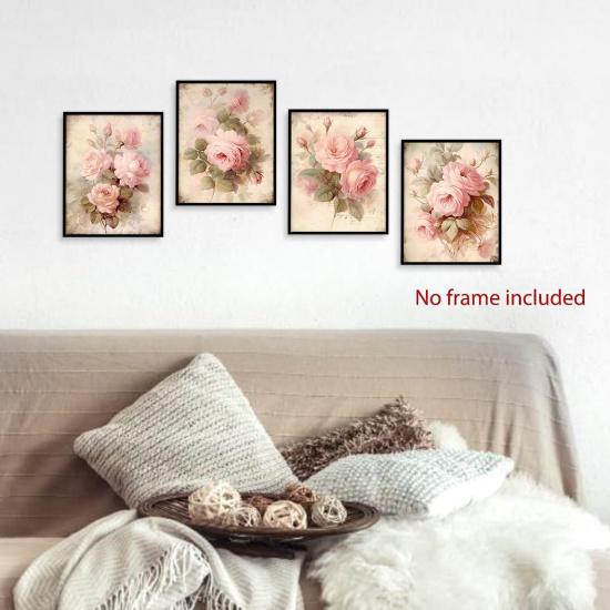 laveliabel Vintage Pink Rose Wall Art Prints Set of 4 Unframed, Floral Wall Decor, Shabby Chic Pink Floral Botanical Poster Prints for Cottagecore