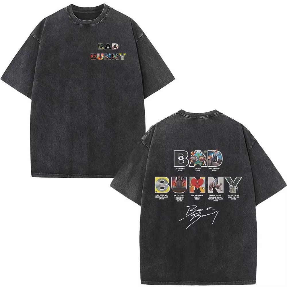 Футболка Bad Bunny с винтажным эффектом Washed Debi Tirar Mas Fotos DTMF World Tour Мужская мода Хип-хоп Футболки Streetwears
